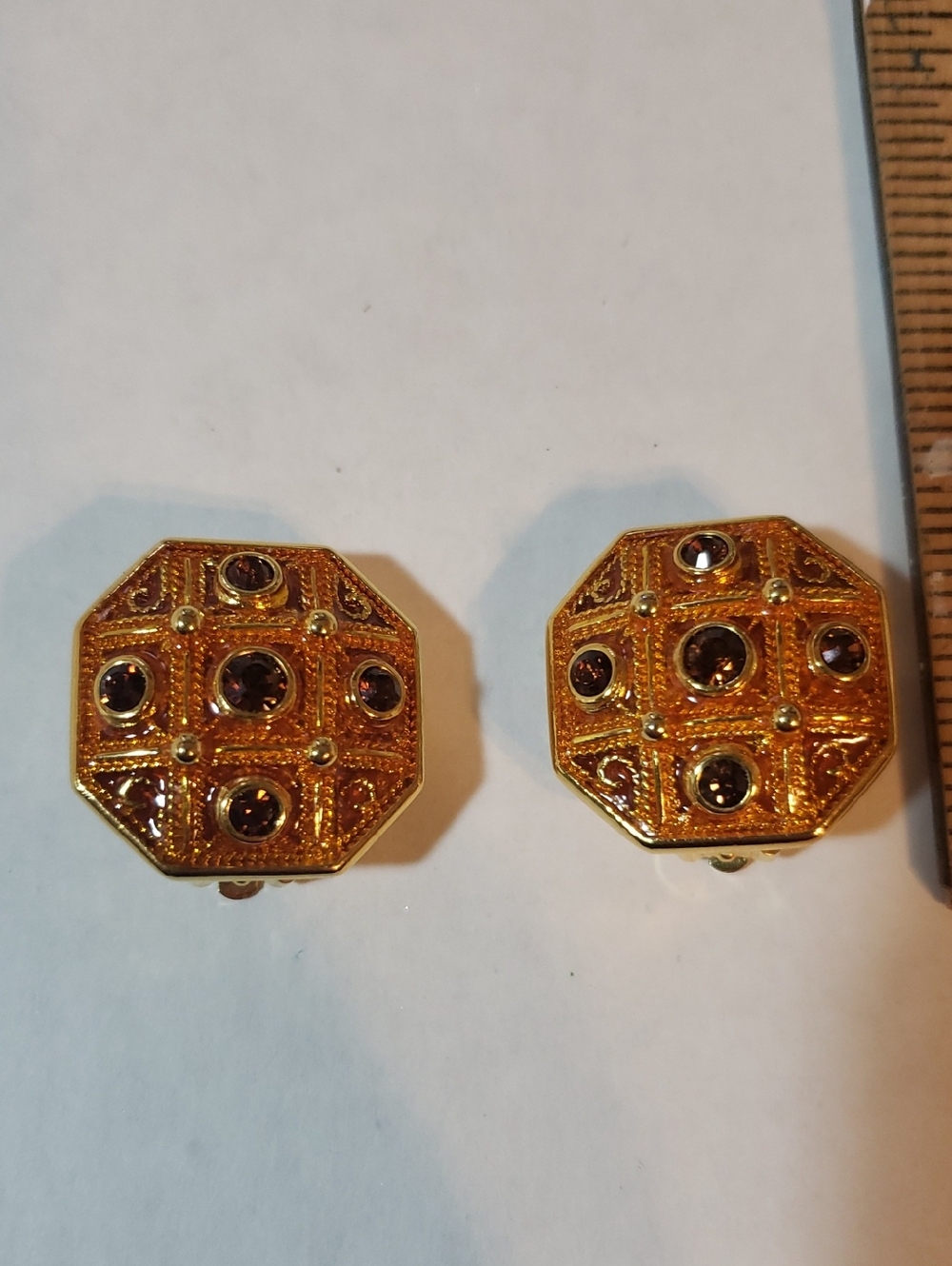 Joan Rivers Vintage Goldtone Octagonal Clip Earrings with Orange Enamel